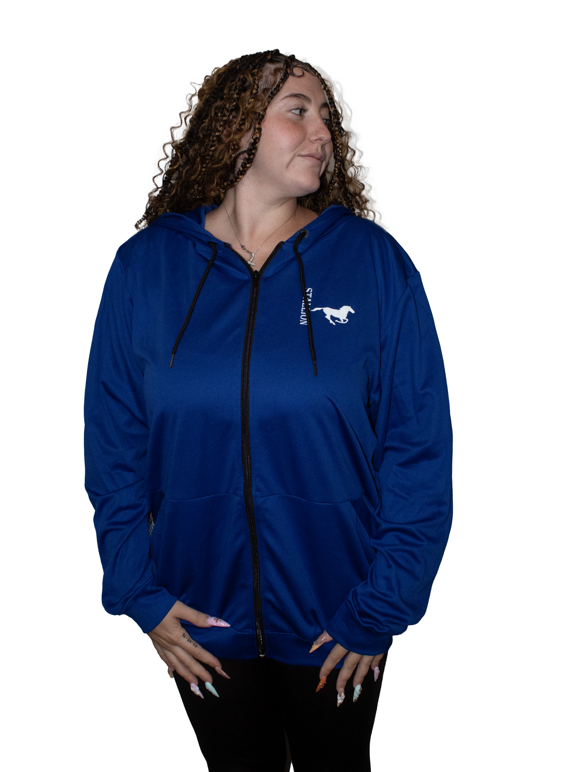 Woman wearing a blue jacket with a logo on a white background