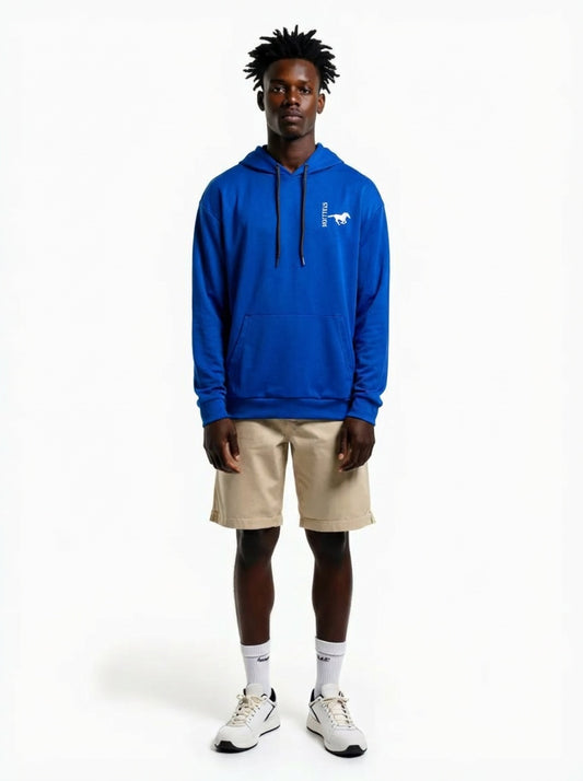 Person wearing a blue hoodie with a logo on a white background